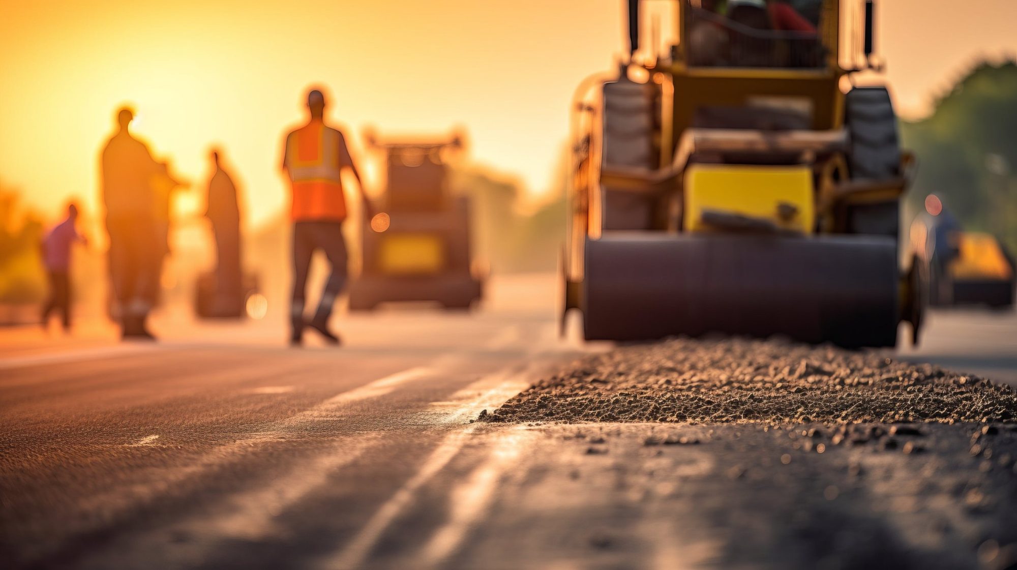 Paving crew at golden hour on a highway shoulder